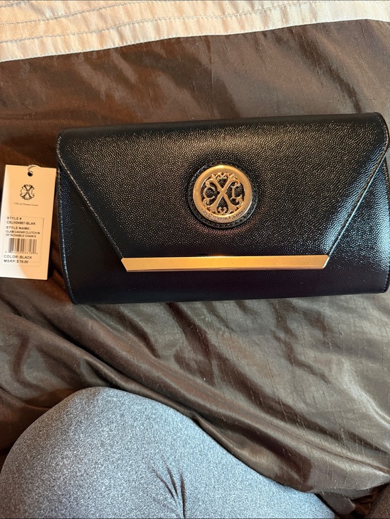 Christian Lacroix Handbags - Christian Lacroix Black Envelope Clutch with Gold Emblem and Removable Chain